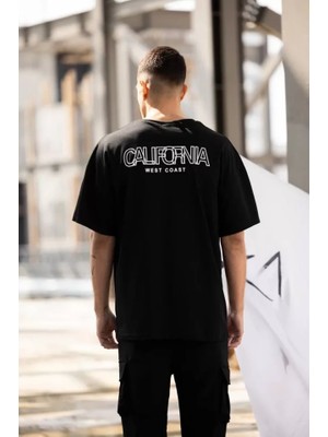 Pomeya  Unisex Bisiklet Yaka Baskılı Oversize T-Shirt - Siyah