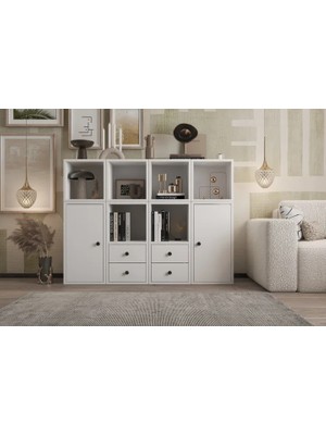 Vivense Leksa 2 Kapaklı Çekmeceli Raflı Kitaplık 130 cm Beyaz KTP-1099-Ç