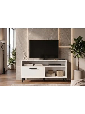 Eng Ahşap Modern Beyaz Tv Ünitesi 120 cm - Ayaklı ve Duvara Monte Edilebilir Çift Yönlü Kullanım