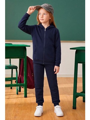FullaModa Kapüşonlu Fermuarlı Unisex Çocuk Eşofman Takımı