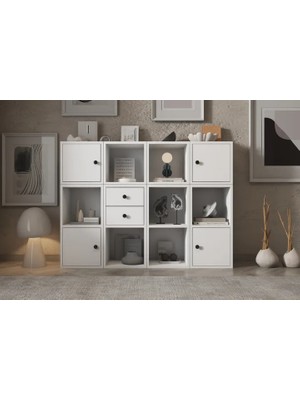 Vivense Leksa 4 Kapaklı Çekmeceli Raflı Kitaplık 130 cm Beyaz KTP-1093-Ç