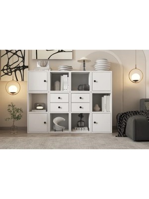 Vivense Leksa 4 Kapaklı Çekmeceli Raflı Kitaplık 130 cm Beyaz KTP-1094-Ç