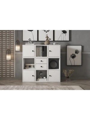 Vivense Leksa 4 Kapaklı Çekmeceli Raflı Kitaplık 65 cm Beyaz KTP-1053-Ç