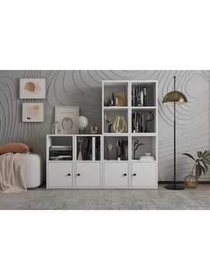 Vivense Leksa 4 Kapaklı Raflı Basamakli Kitaplık 130 cm Beyaz KTP-1239-Ç
