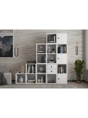 Vivense Leksa 3 Kapaklı Çekmeceli Raflı Basamakli Kitaplık 168 cm Beyaz KTP-1236-Ç