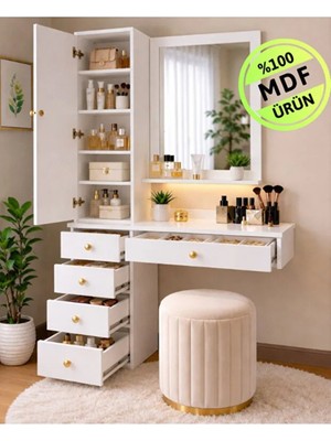 Eng Ahşap Aras Aynalı Makyaj Masası Beyaz Mdf 5 Raflı Çok Amaçlı Takı Dolaplı Şifonyer