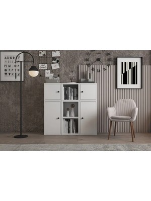 Vivense Leksa 4 Kapaklı Çekmeceli Raflı Kitaplık 65 cm Beyaz KTP-1058-Ç