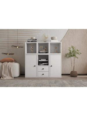 Vivense Leksa 2 Kapaklı Çekmeceli Raflı Kitaplık 65 cm Beyaz KTP-1057-Ç