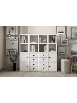 Vivense Leksa 4 Kapaklı Çekmeceli Raflı Kitaplık 97 cm Beyaz KTP-1071-Ç