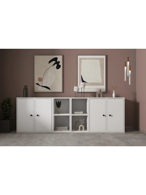 Vivense Consola Eva 4 Kapaklı 4 Raflı Modern Tasarım Beyaz Konsol HVV-KNS-1005