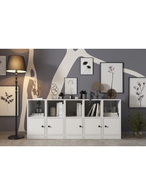 Vivense Consola Eva 5 Kapaklı 5 Raflı Modern Tasarım Beyaz Konsol HVV-KNS-1011