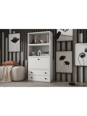 Vivense Leksa Düser Kapaklı Çekmeceli Raflı Kitaplık 65 cm Beyaz KTP-1167-Ç