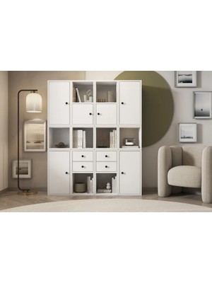 Vivense Leksa 6 Kapaklı Çekmeceli Raflı Kitaplık 130 cm Beyaz KTP-1118-Ç