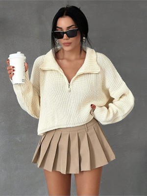 Kadın Oversize Fermuarlı Crop Triko Kazak
