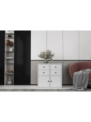Vivense Consola Iki Kapaklı Dört Çekmeceli Beyaz Konsol Çıtasız KNS-1149-Ç