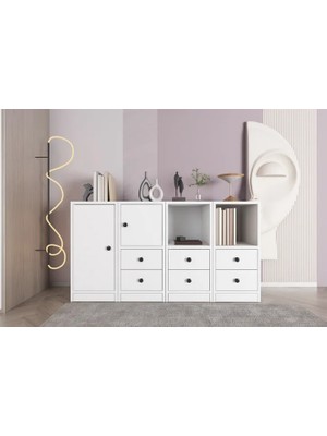 Vivense Consola Raflı Dolaplı Çekmeceli Konsol Beyaz 130 cm KNS-1045-Ç