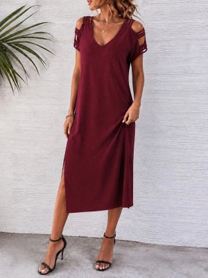 Lune Store Kadın Kısa Kollu Şerit Detaylı Yandan Yırtmaçlı Viskon Elbise