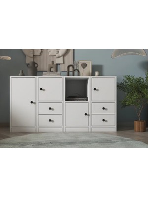 Vivense Consola Raflı Dolaplı Çekmeceli Konsol Beyaz 130 cm KNS-1047-Ç