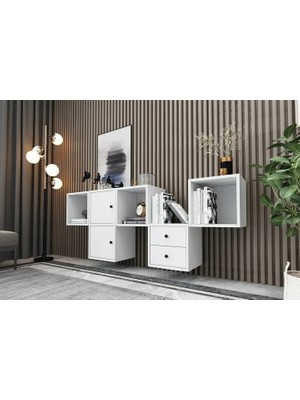 Vivense Consola Raflı Dolaplı Çekmeceli Duvar Konsolu Beyaz 168 cm KNS-1129-Ç
