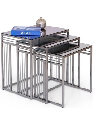 Vivense Milano Modern Sehpa Seti, Füme Cam Gümüş Metal Ayak