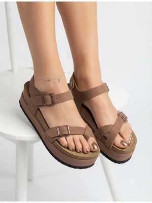Mcdark Kadın Platform Taban  6 cm Yüksek Düz Mantar Taban Sandalet-Taba