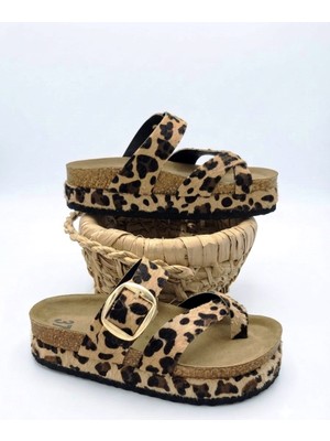 Mcdark Kadın Platform Taban  6 cm Yüksek Düz Mantar Tek Parmak Terlik-Leopar