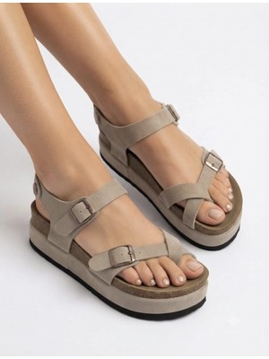 Mcdark Kadın Platform Taban  6 cm Yüksek Düz Mantar Taban Sandalet-Bej