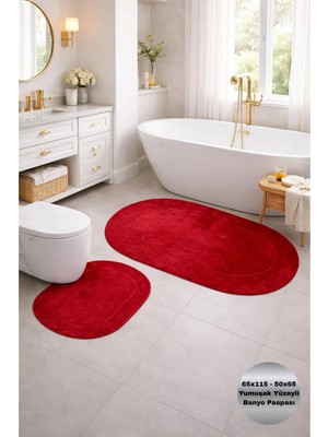 Modernsoft Rixora Kırmızı Yumuşak Yüzeyli Deri ve Kaymaz Tabanlı Modern Banyo Paspası Seti