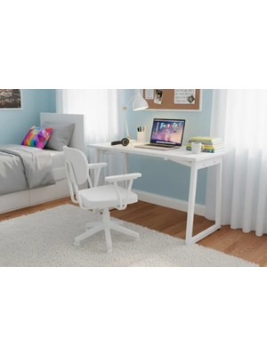 Vivense Biga Ofis Masası ve Deniz Kollu Sandalye Set, Beyaz, 60X120 cm