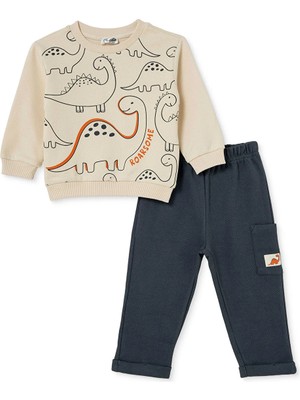 Hellobaby Erkek Bebek Eşofman Takımı Dinozor Baskılı Bağcıklı Bisiklet Yaka Long Sleeve Lastikli