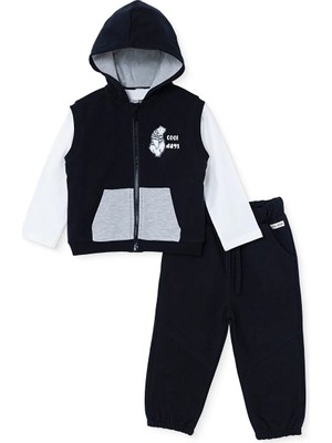 Hellobaby Erkek Bebek Eşofman Takımı Ayı Baskılı Fermuarlı Bisiklet Yaka Long Sleeve Ribanalı