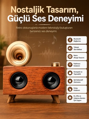 Uravas Store Mey Ithalat® Bluetooth Nostalji Speaker Radyo Gramofon Ahşap Renk Vintage