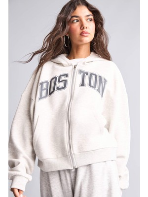 DeFacto Oversize Baskılı Kalın Kumaş Fermuarlı Sweashirt Hırka I3969AX26HS