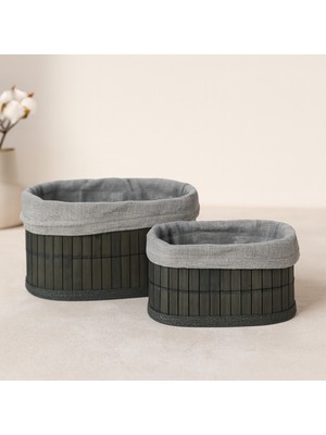 Uravas Store Bambu Kenarlı Oval Organizer Sepet (Ahşap Tabanlı, Bezli) 21X14-25X16 cm