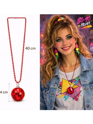 Uravas Store Retro Disko Topu Şekilli 80'ler 90'lar Kırmızı Renk Plastik Kolye