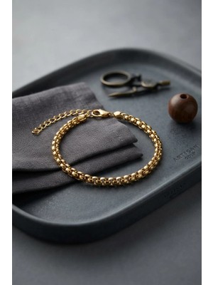 Uravas Store 316L Çelik Gold Renk Box Zincir Model Erkek Bileklik TJ-EB3811