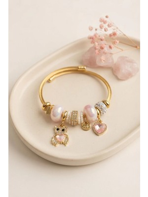 Uravas Store Tedy Bear Model Gold Renk Pembe Charmlı Bileklik TJ-BB8662