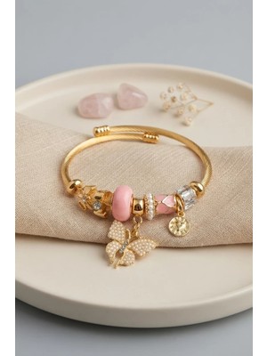 Uravas Store Pembe Kelebek Model Gold Renk Charmlı Bileklik TJ-BB8685