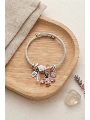 Uravas Store Arı ve Pembe Çiçek Charmlı Gümüş Renk Bileklik TJ-BB8779