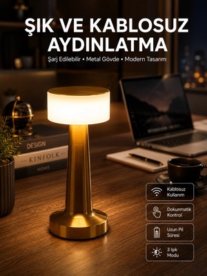 Renas Store Altın Rengi Masa ve Gece Lambası Dokunmatik Şarjlı Masa Lambası