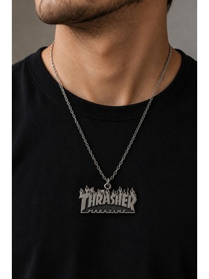 Herşey Nota Thrasher Magazine Yazılı Alev Detaylı Gümüş Renk Kolye Hediye