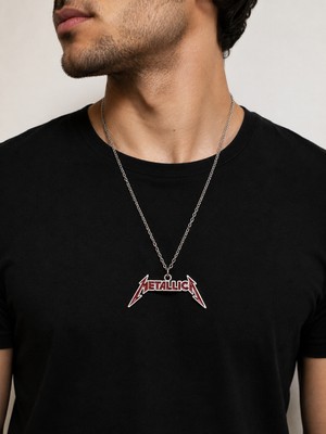 Herşey Nota Metallica Logo Tasarımlı Kırmızı Detaylı Rock Kolye Müzikseverlere Hediye