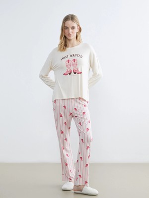 Lc Waikiki Yeni Sezon Bisiklet Yaka Baskılı Kadın Pijama Takımı