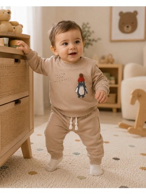 Omeca Concept Penguen Baskılı 2'li Erkek Çocuk Takımı – Sweatshirt ve Jogger Alt | Günlük Bebek Eşofman Takımı