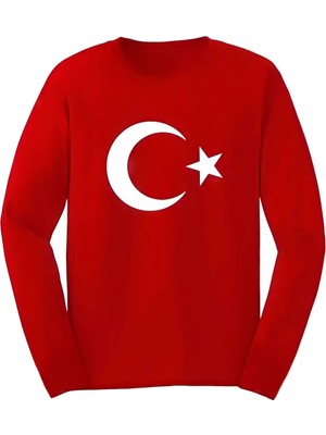 Herşey Nota Unisex Çocuk Uzun Kollu Kırmızı Ay-Yıldızlı Tişört