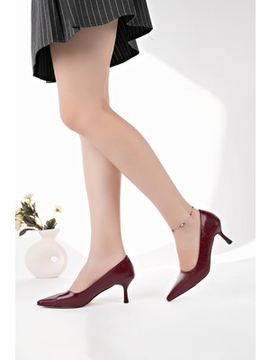 Nesil Shoes Senyo K50 Bordo Rugan Baskı Topuklu Kadın Ayakkabı
