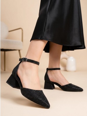 Nesil Shoes Ermod 301 Siyah Simli Topuklu Kadın Ayakkabı