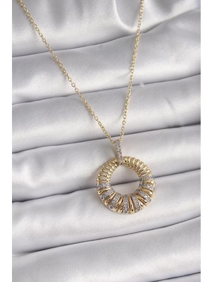 Uslucan Alışveriş 316L Çelik Gold Renk Zincir Gümüş Zirkon Taşlı Daire Model Kadın Kolye - TJ-BKO9481