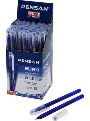 Renas Store 50 Adet Pensan Büro Mavi Tükenmez Kalem M-Medium - 1.0mm Uç