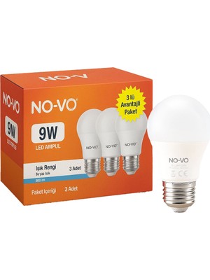 Renas Store No-Vo 3lü Avantaj Paket 9W Beyaz LED Ampul E27 806LM 6500K 15.000 Saat Ömür